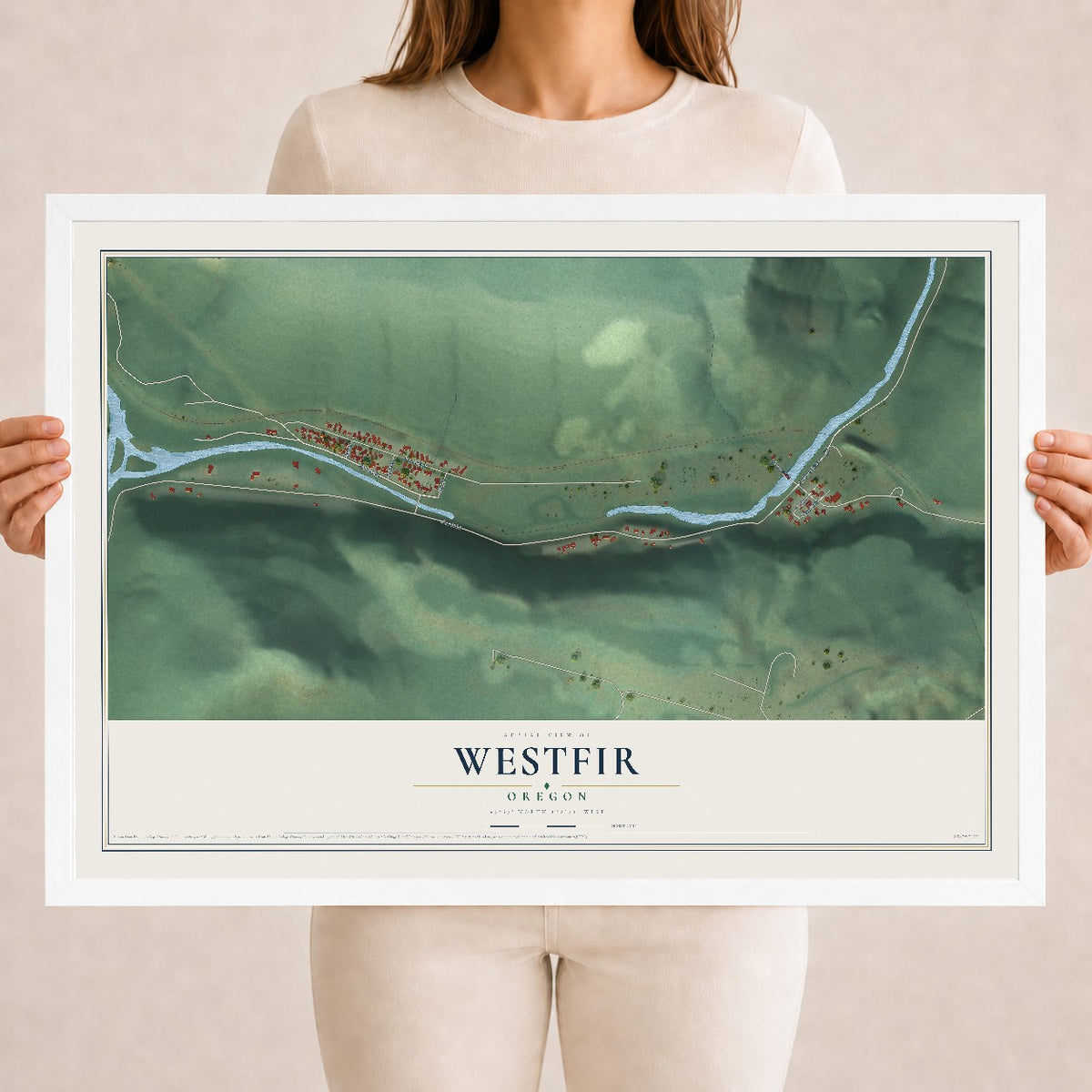Map of Westfir, Oregon, 18 x 24 inch print in a white wood frame