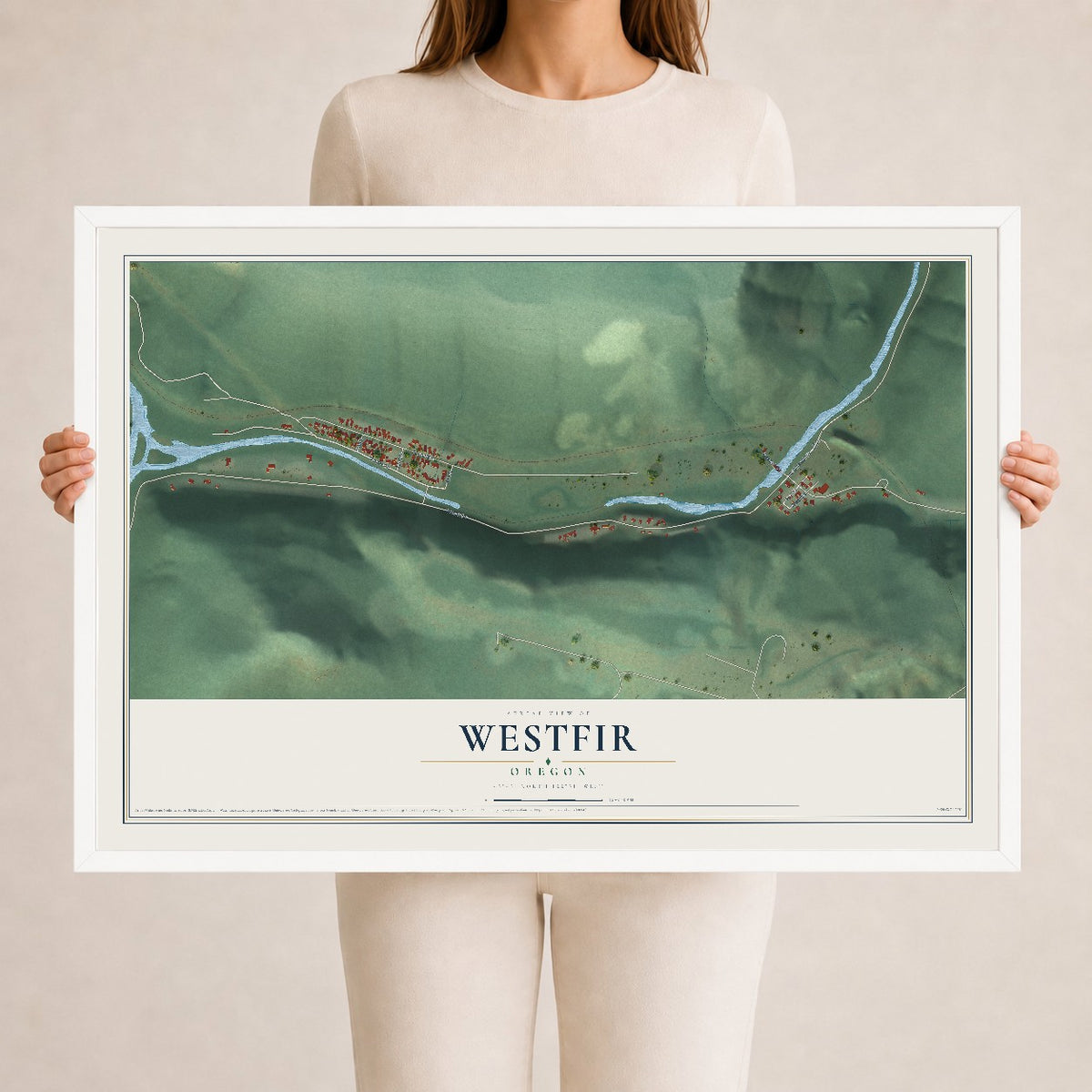 Map of Westfir, Oregon, 24 x 36 inch print in a white wood frame