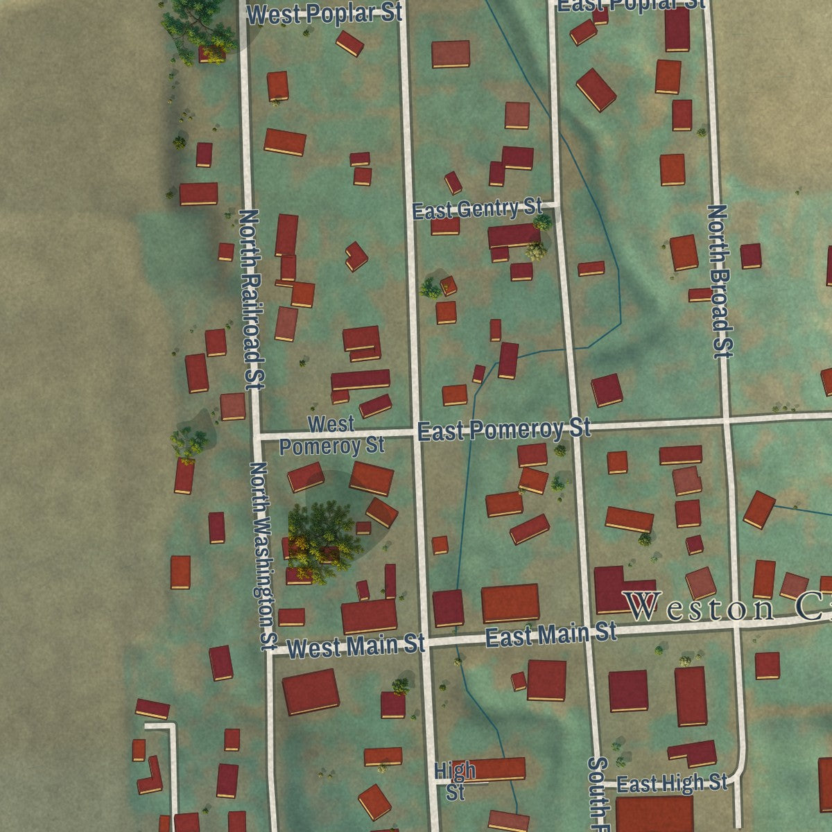 Second close-up of the map of Weston, Oregon print showing more streets and buildings