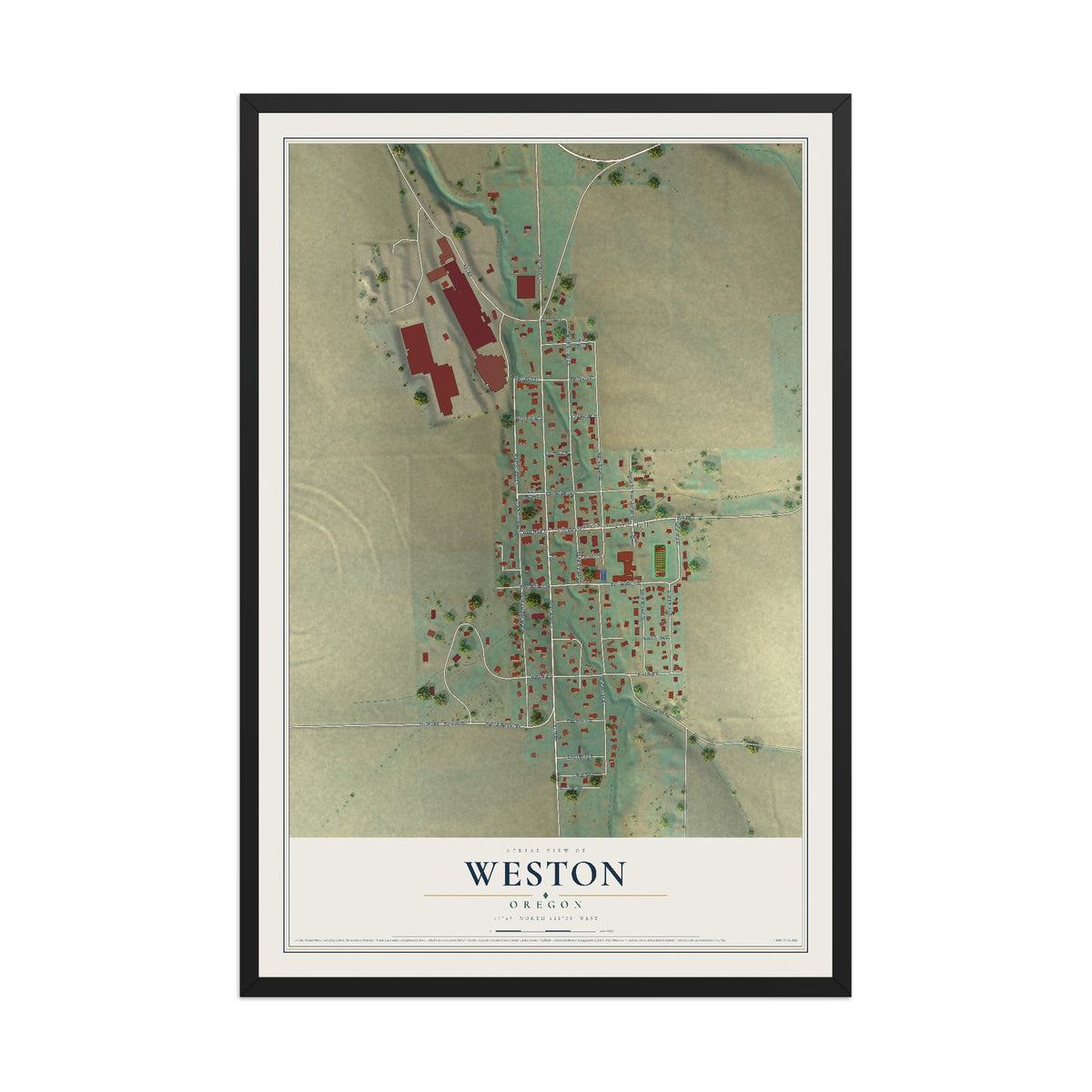 Map of Weston, Oregon, 12 x 18 inch print in a black wood frame