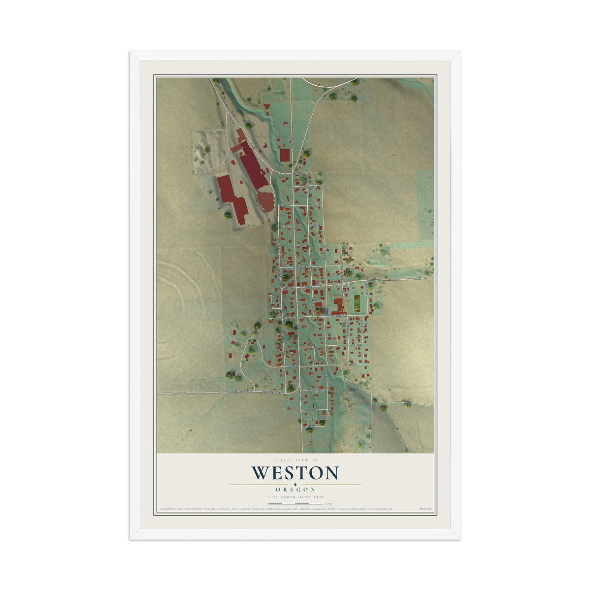 Map of Weston, Oregon, 12 x 18 inch print in a white wood frame