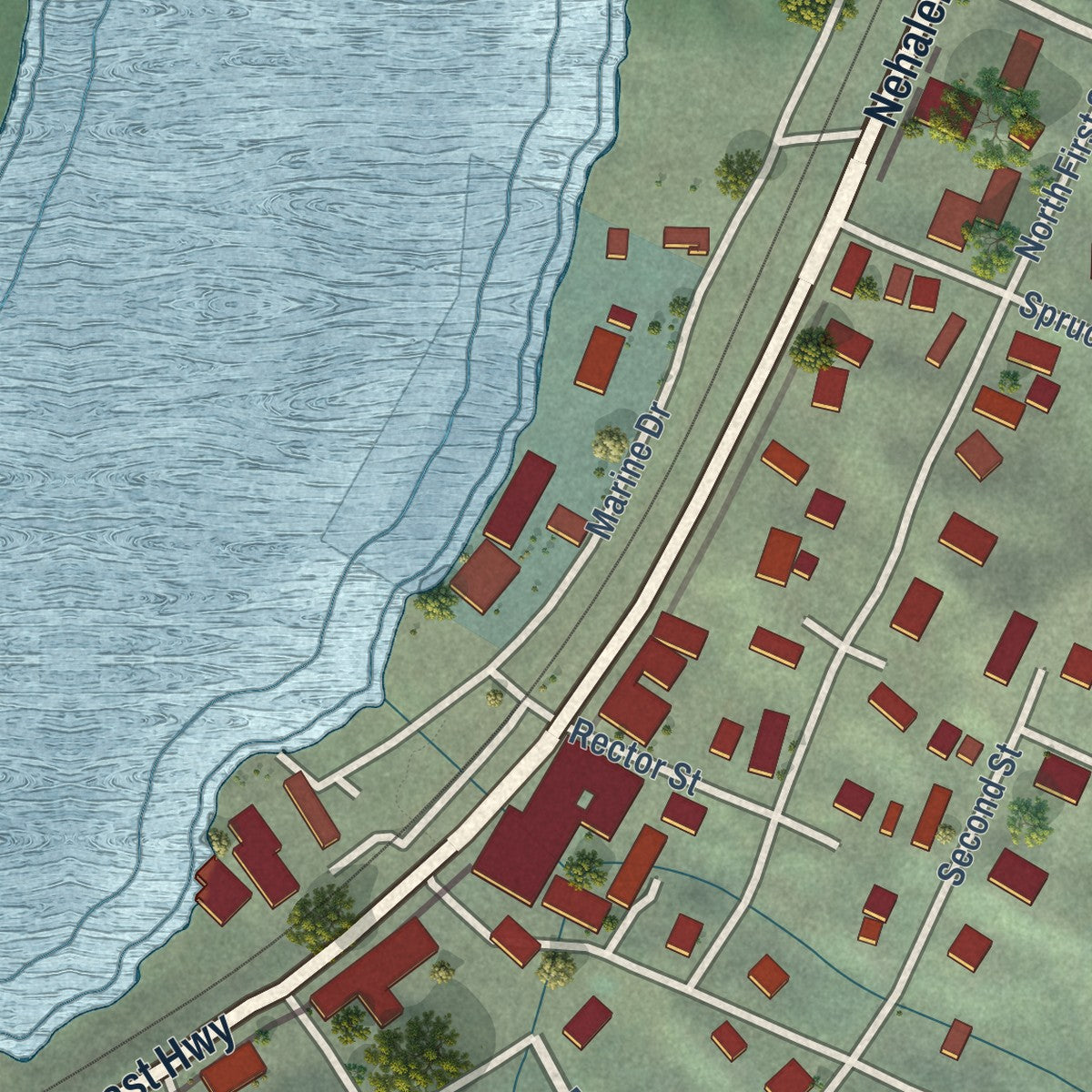 Close-up of the map of Wheeler, Oregon print showing street and building detail
