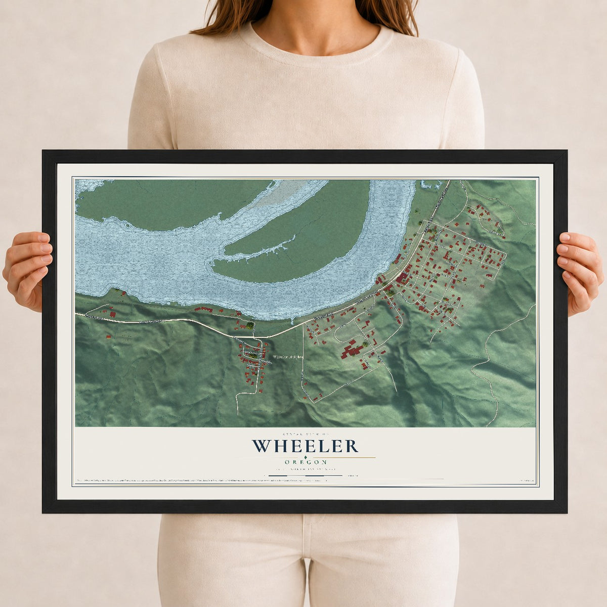 Map of Wheeler, Oregon, 12 x 18 inch print in a black wood frame