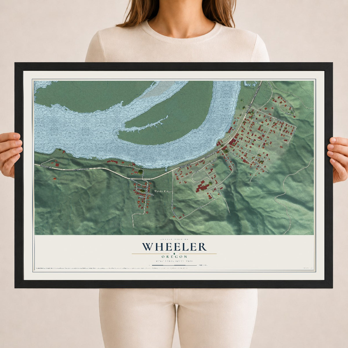 Map of Wheeler, Oregon, 18 x 24 inch print in a black wood frame