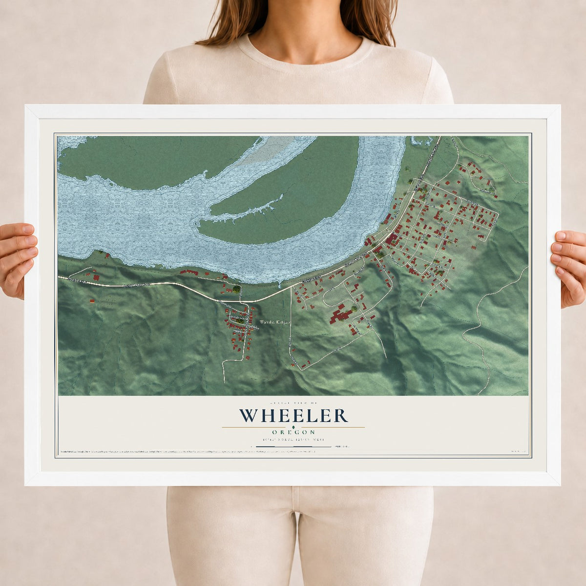 Map of Wheeler, Oregon, 18 x 24 inch print in a white wood frame