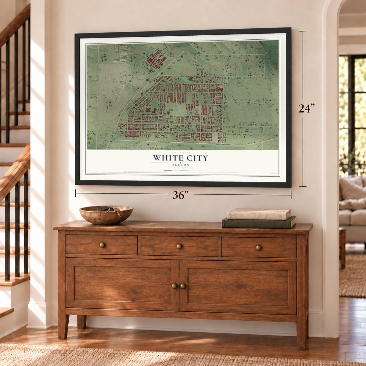 White City, Oregon map, 24 x 36 inch print in a black frame above a dresser by a staircase