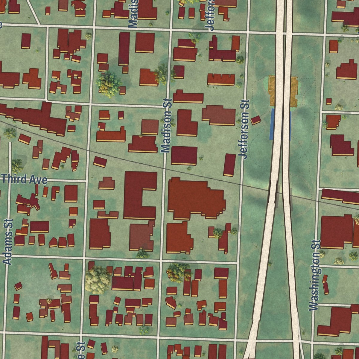 Close-up of the map of Whiteaker, Oregon print showing street and building detail