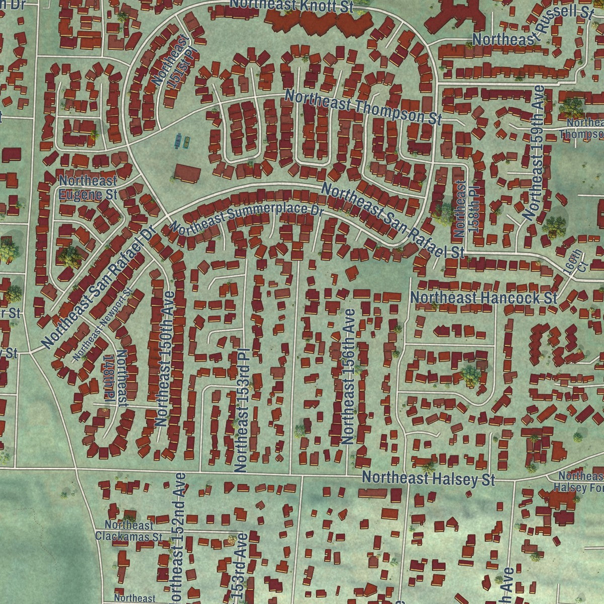Close-up of the map of Wilkes, Oregon print showing street and building detail