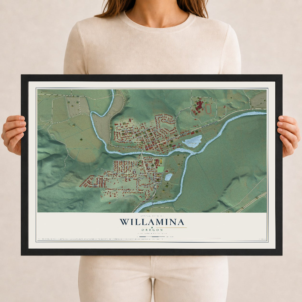 Map of Willamina, Oregon, 12 x 18 inch print in a black wood frame