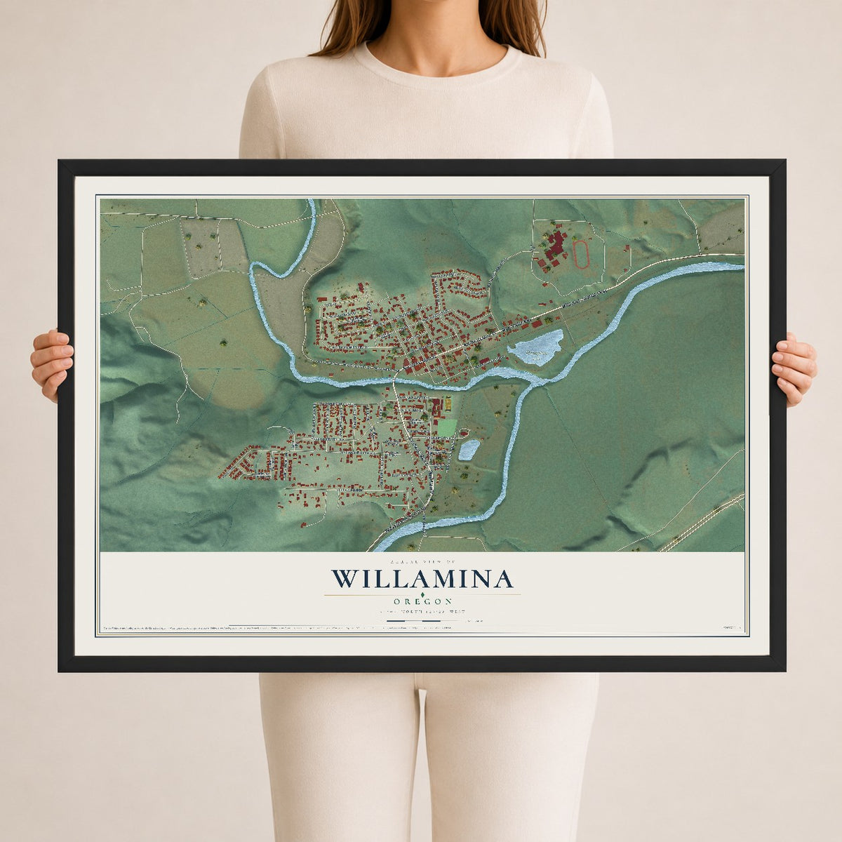 Map of Willamina, Oregon, 24 x 36 inch print in a black wood frame
