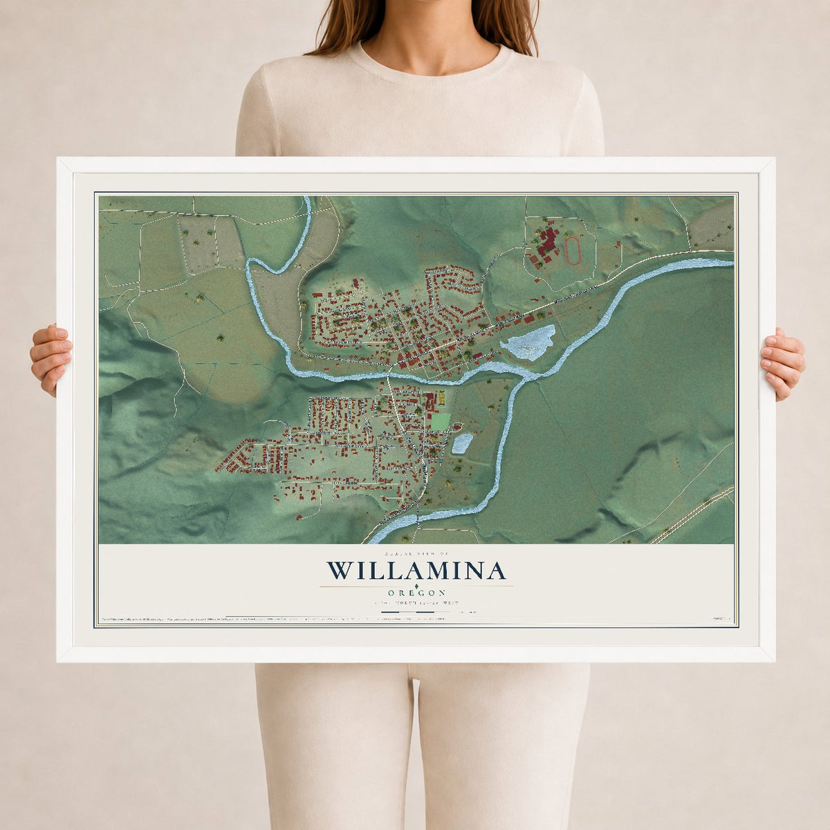 Map of Willamina, Oregon, 24 x 36 inch print in a white wood frame