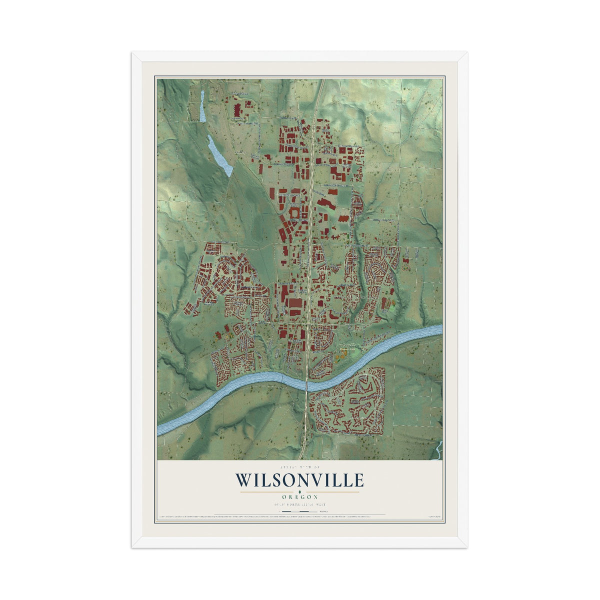 Map of Wilsonville, Oregon, 12 x 18 inch print in a white wood frame