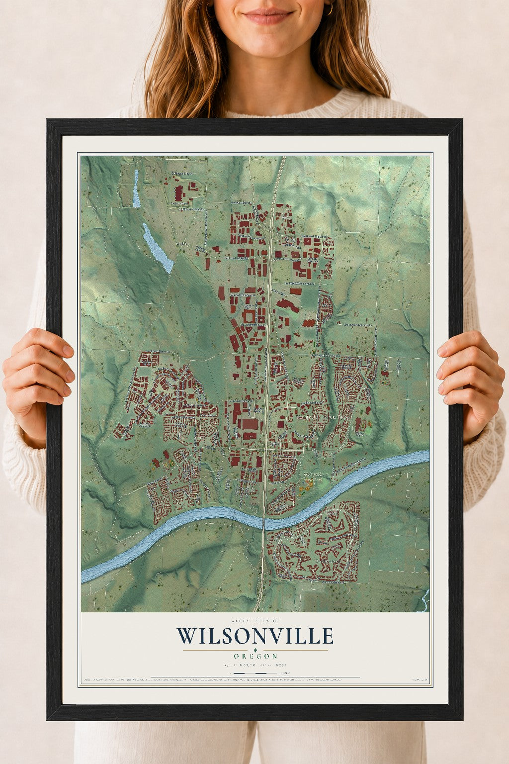 Map of Wilsonville, Oregon, 18 x 24 inch print in a black wood frame