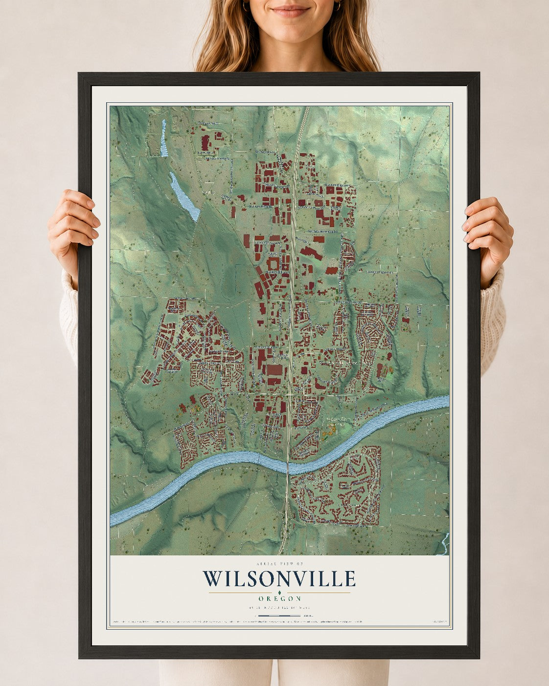 Map of Wilsonville, Oregon, 24 x 36 inch print in a black wood frame