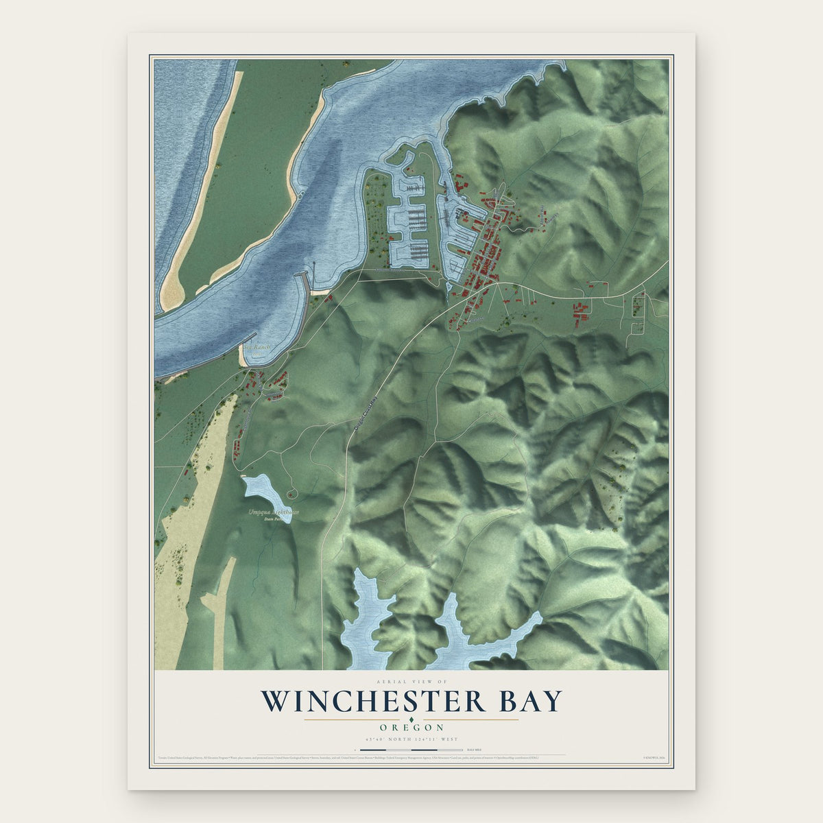 Winchester Bay, Oregon map print, the full design