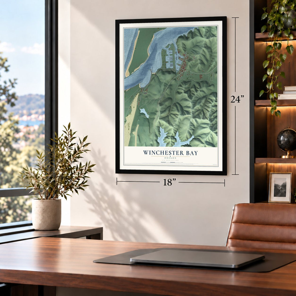 Winchester Bay, Oregon map, 18 x 24 inch print in a black frame in a home office