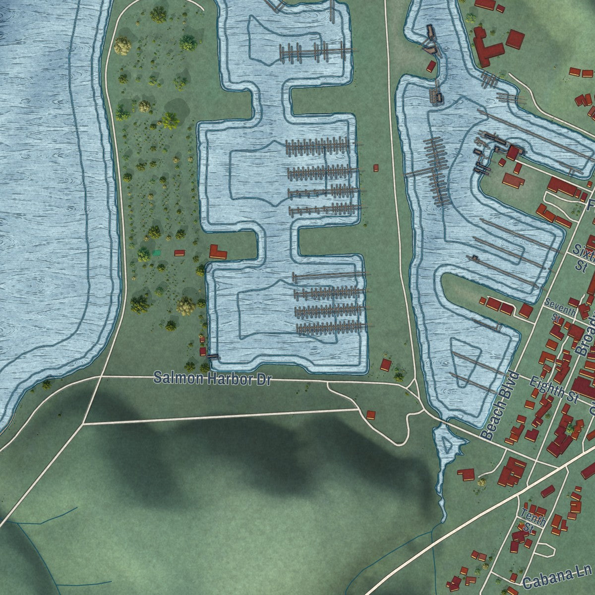 Close-up of the map of Winchester Bay, Oregon print showing street and building detail