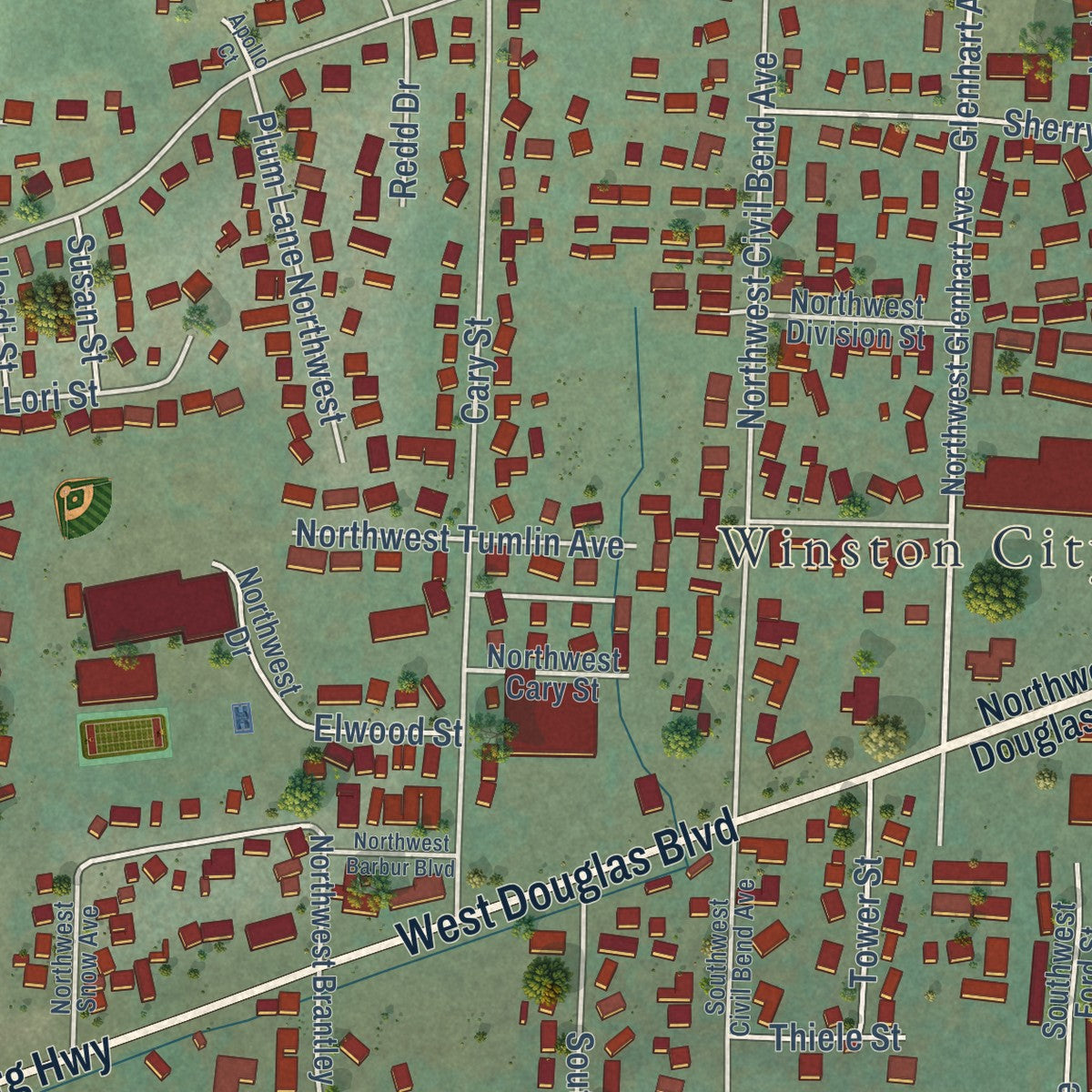 Close-up of the map of Winston, Oregon print showing street and building detail
