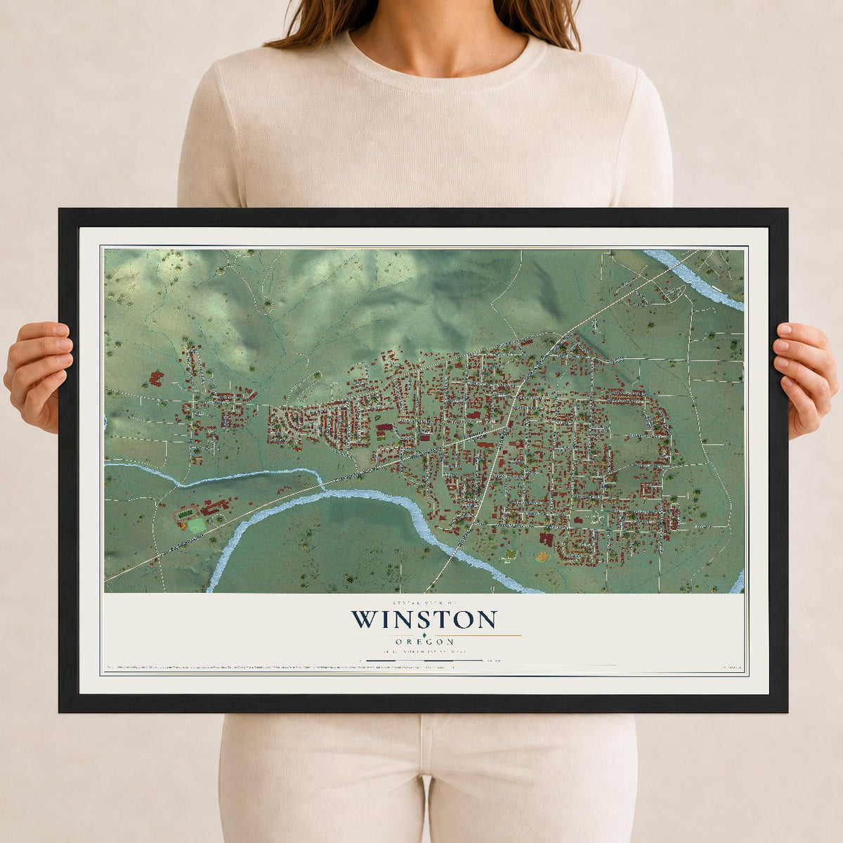 Map of Winston, Oregon, 12 x 18 inch print in a black wood frame