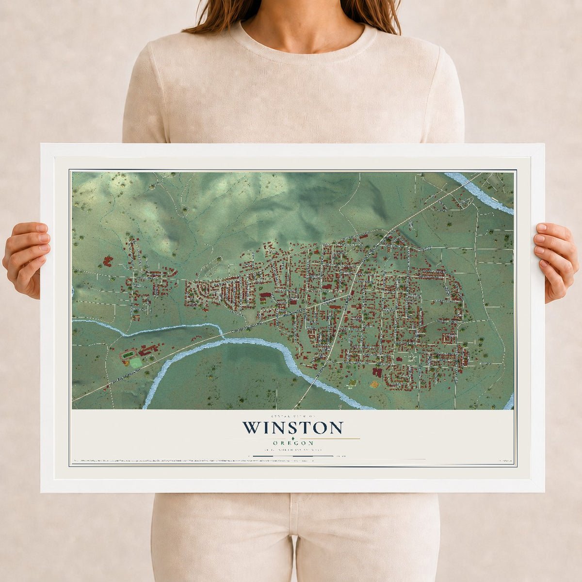 Map of Winston, Oregon, 12 x 18 inch print in a white wood frame