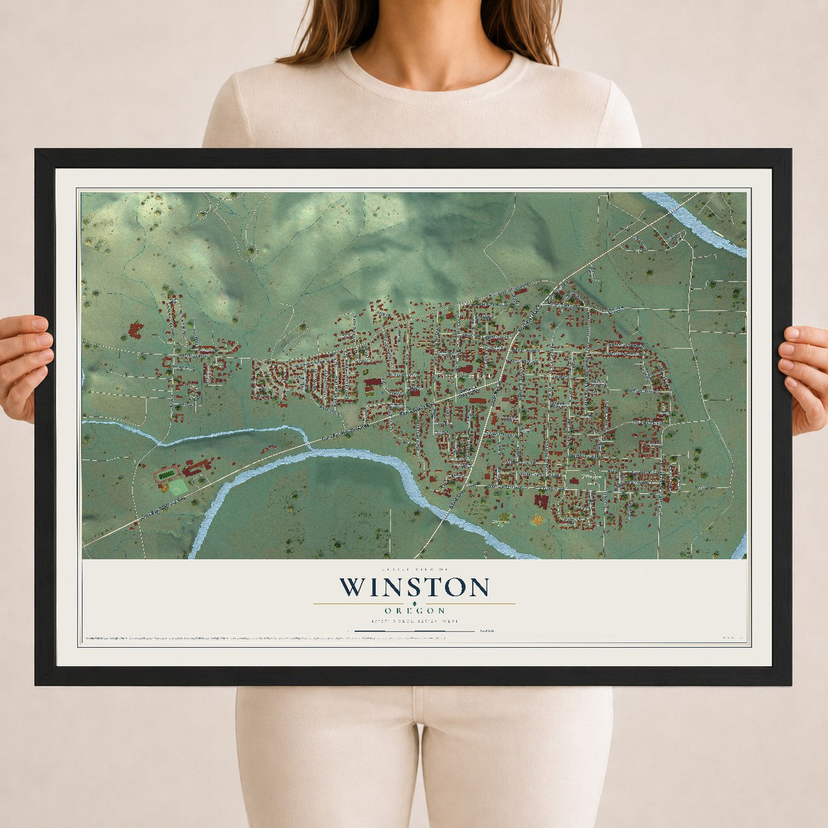 Map of Winston, Oregon, 18 x 24 inch print in a black wood frame