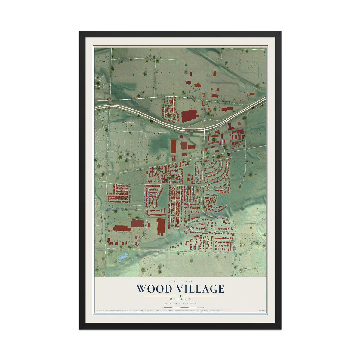 Map of Wood Village, Oregon, 12 x 18 inch print in a black wood frame