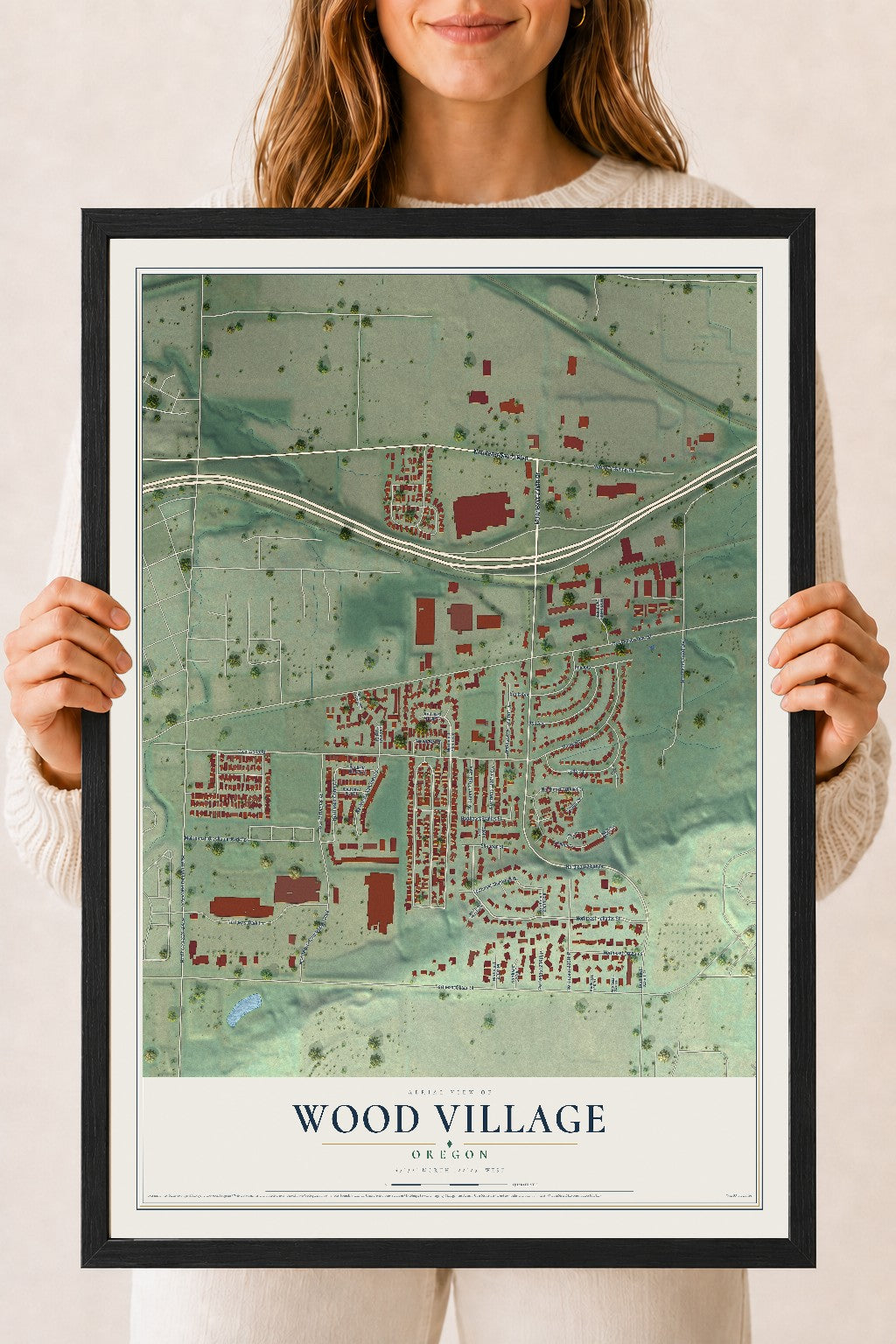 Map of Wood Village, Oregon, 18 x 24 inch print in a black wood frame
