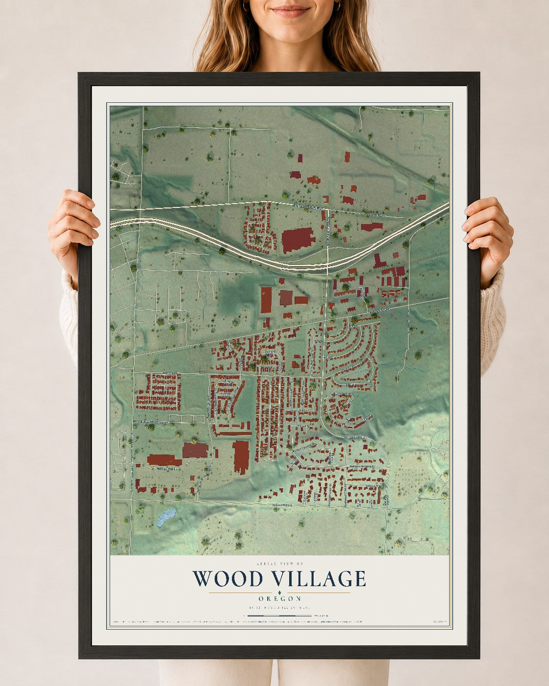 Map of Wood Village, Oregon, 24 x 36 inch print in a black wood frame