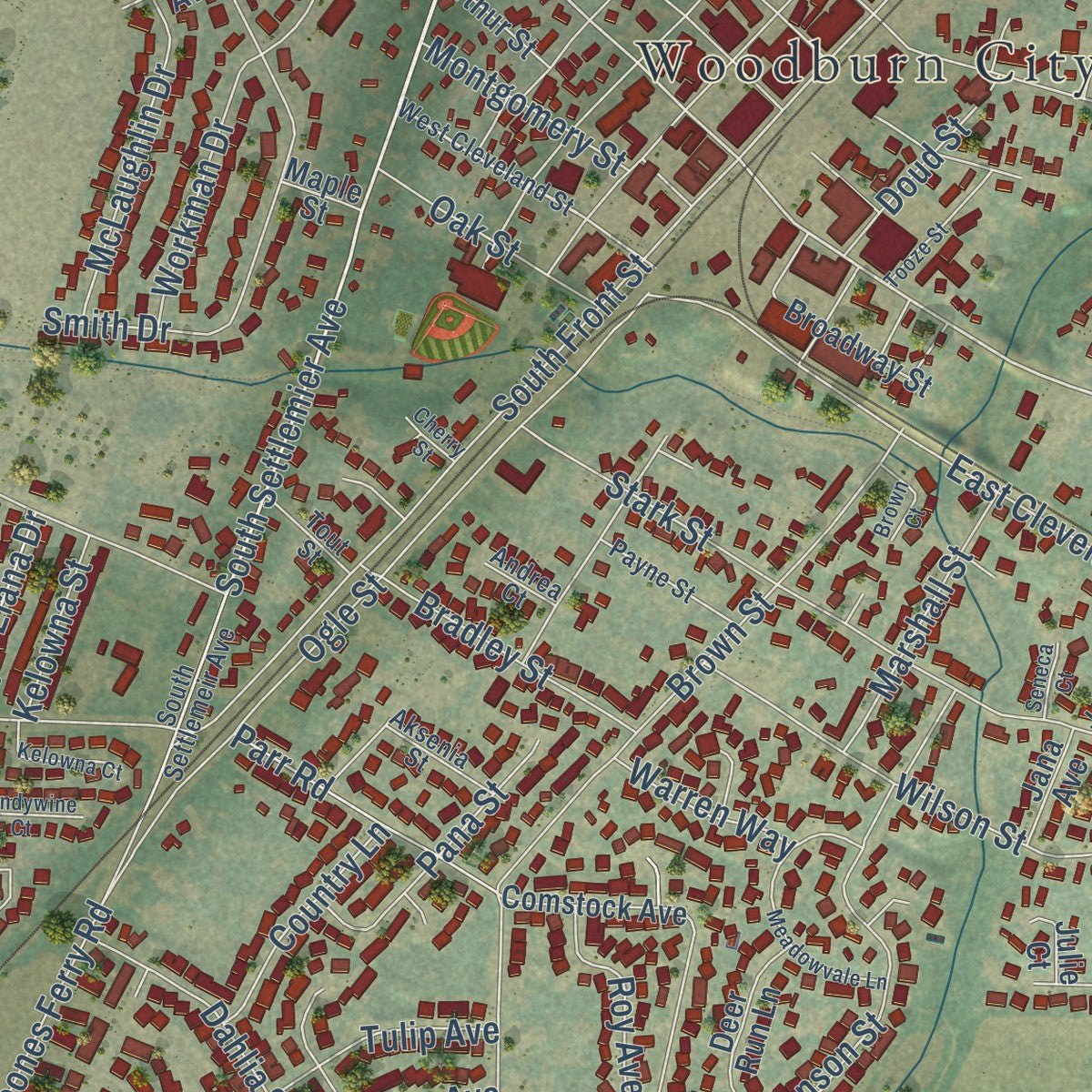 Second close-up of the map of Woodburn, Oregon print showing more streets and buildings