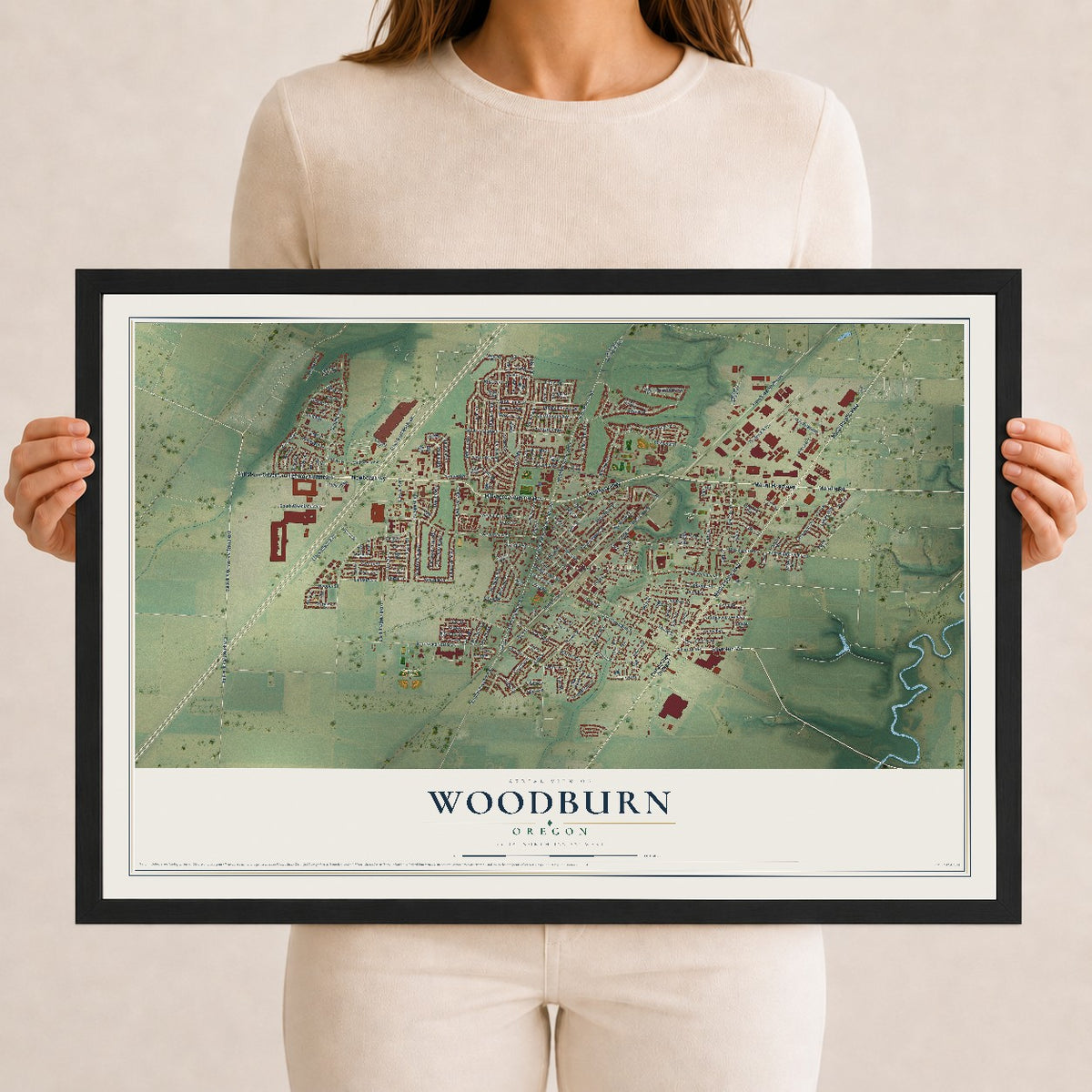 Map of Woodburn, Oregon, 12 x 18 inch print in a black wood frame