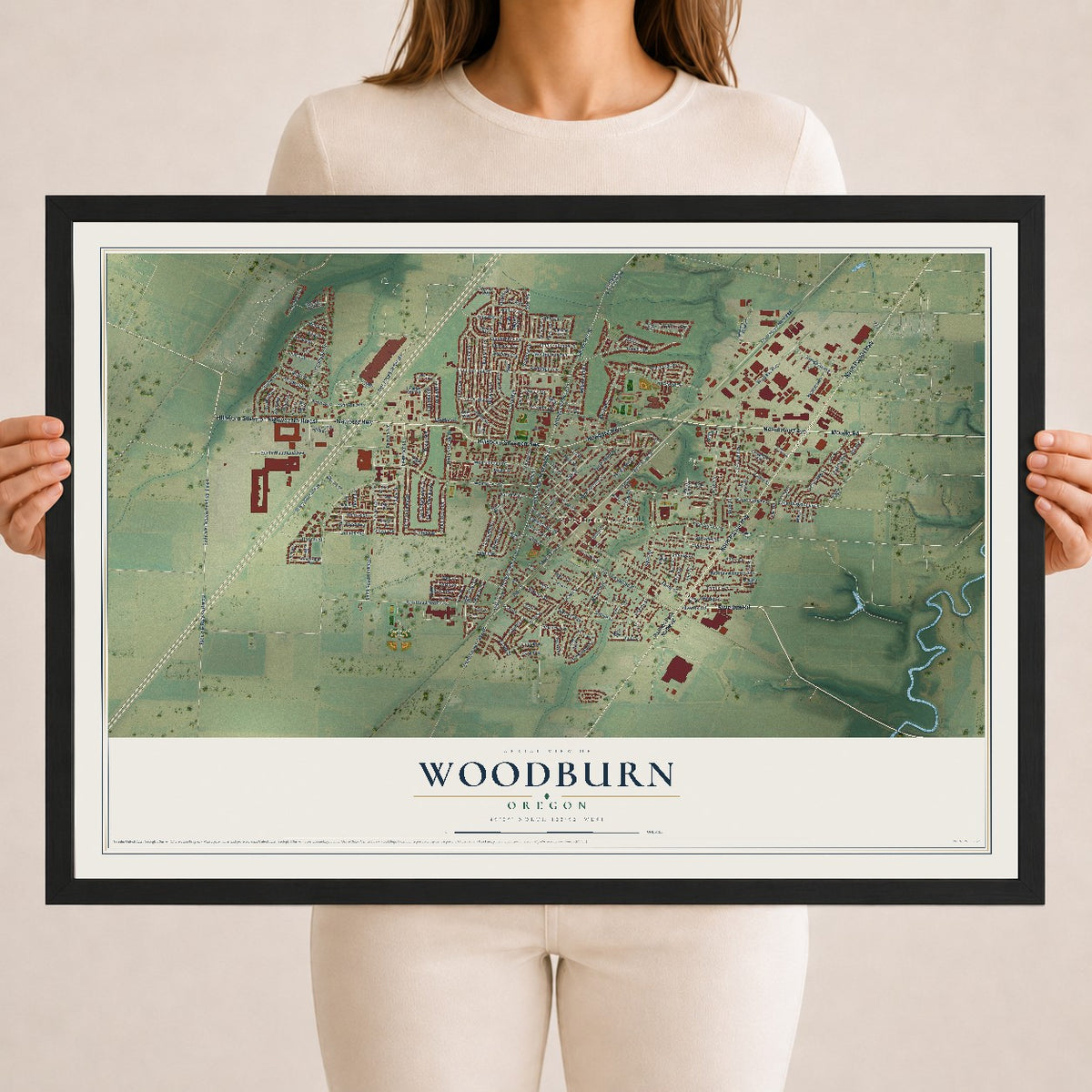 Map of Woodburn, Oregon, 18 x 24 inch print in a black wood frame