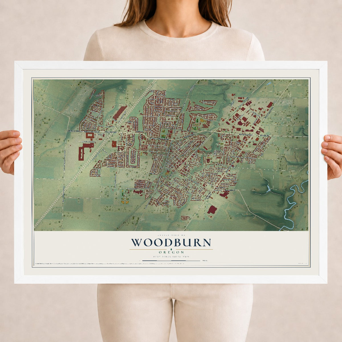 Map of Woodburn, Oregon, 18 x 24 inch print in a white wood frame