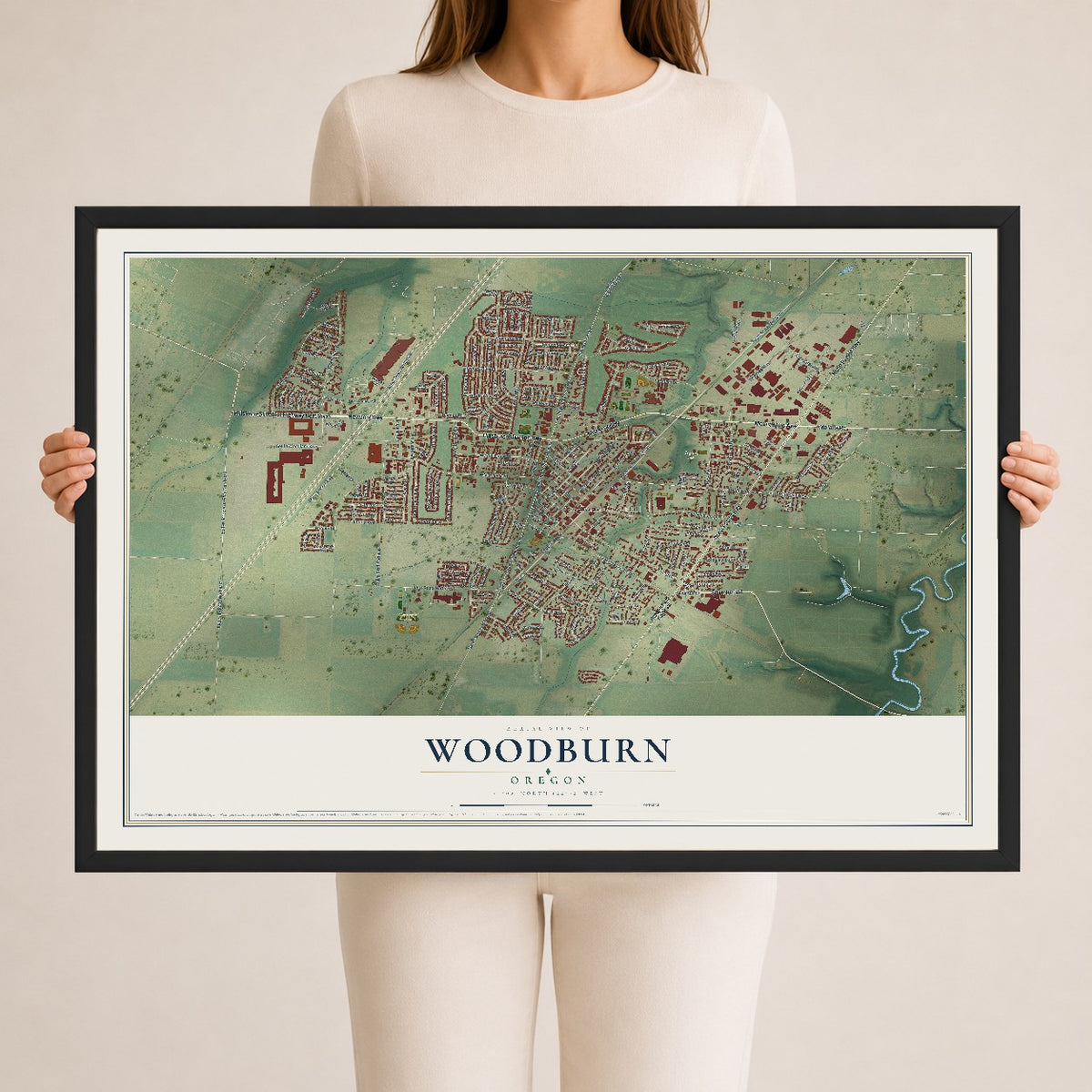 Map of Woodburn, Oregon, 24 x 36 inch print in a black wood frame