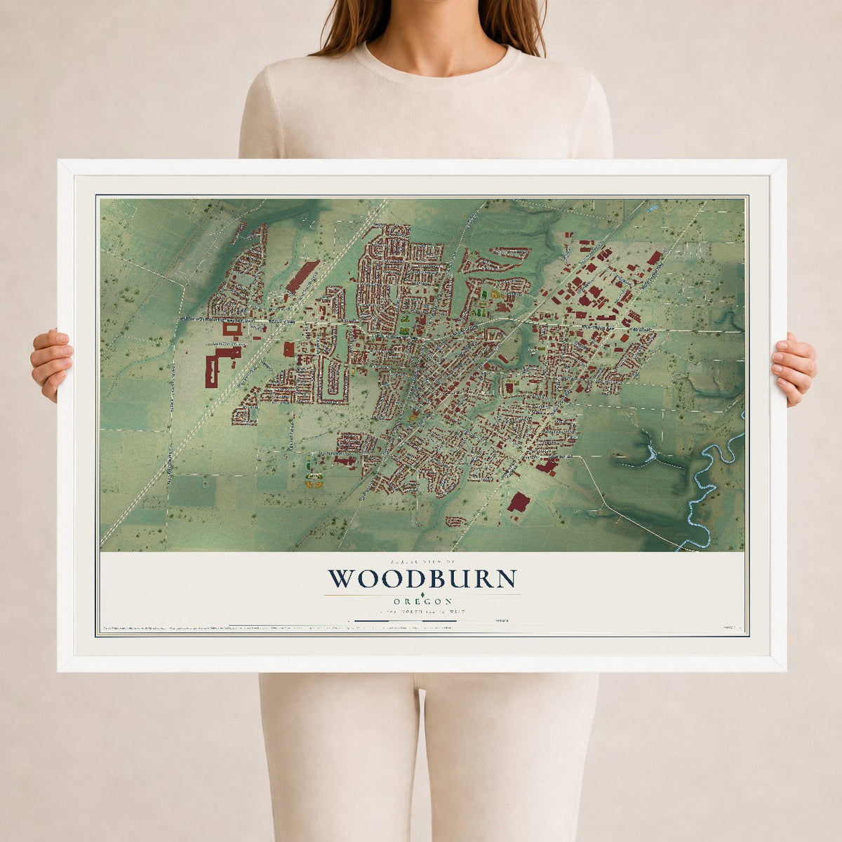 Map of Woodburn, Oregon, 24 x 36 inch print in a white wood frame