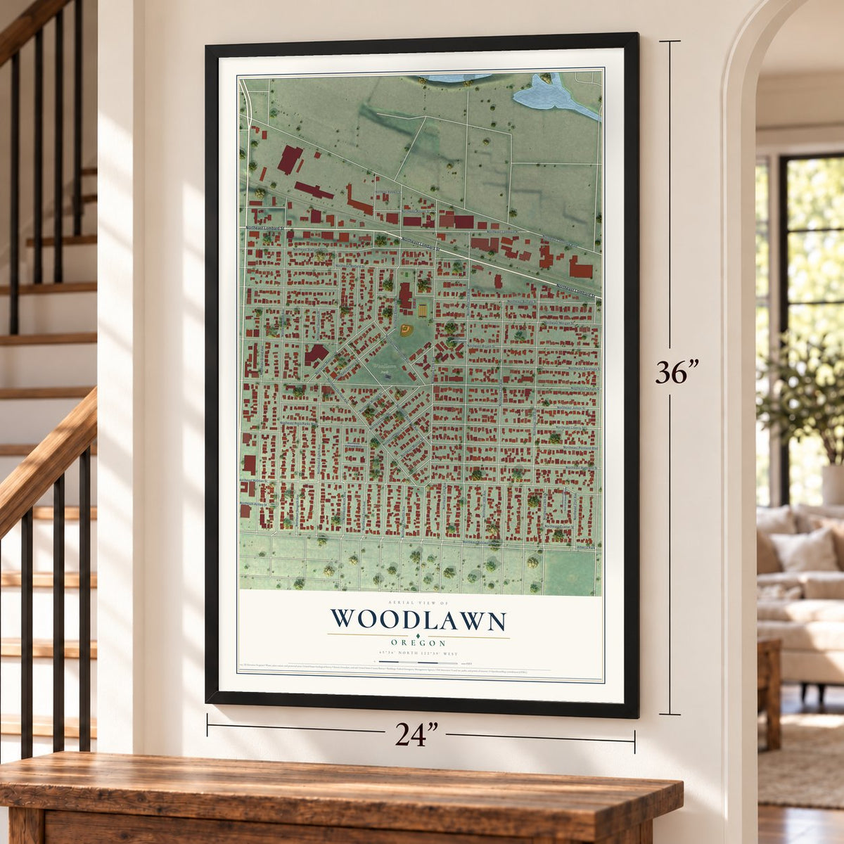 Woodlawn, Oregon map, 24 x 36 inch print in a black frame by a staircase
