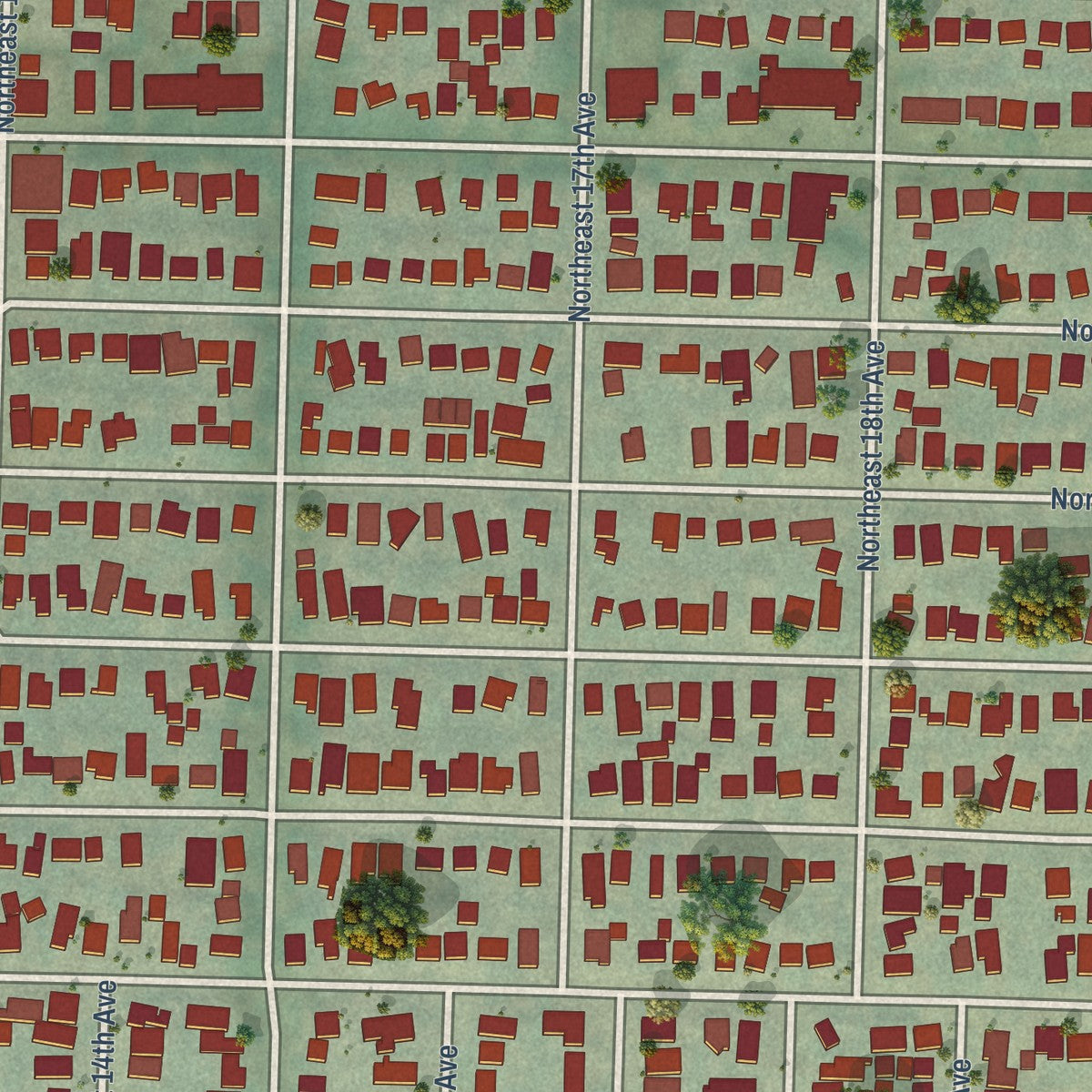 Close-up of the map of Woodlawn, Oregon print showing street and building detail