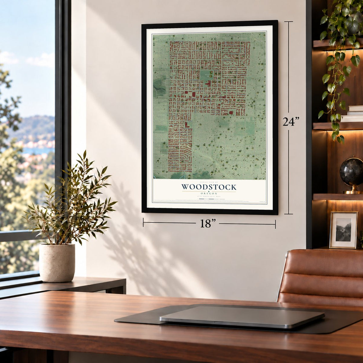 Woodstock, Oregon map, 18 x 24 inch print in a black frame in a home office