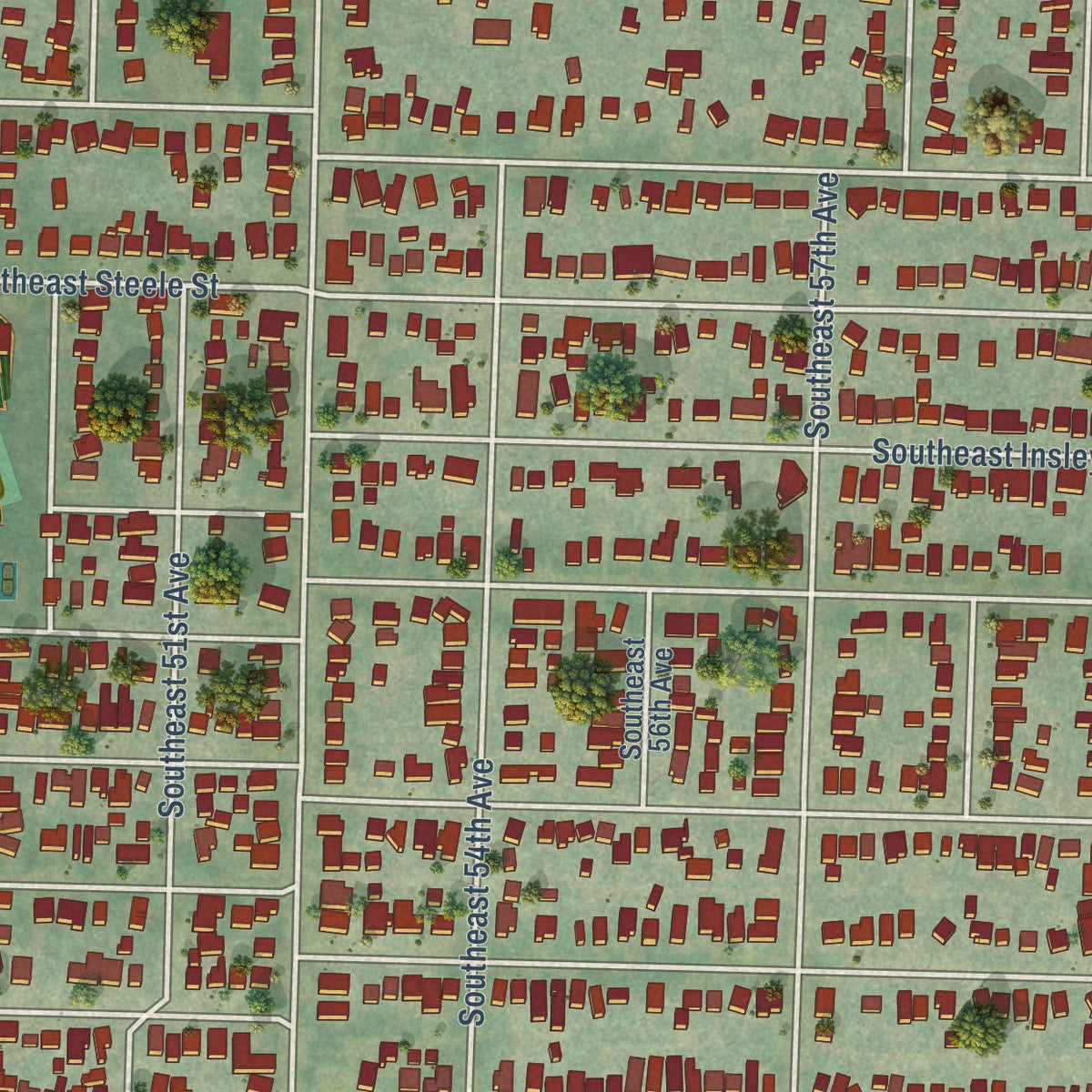 Close-up of the map of Woodstock, Oregon print showing street and building detail