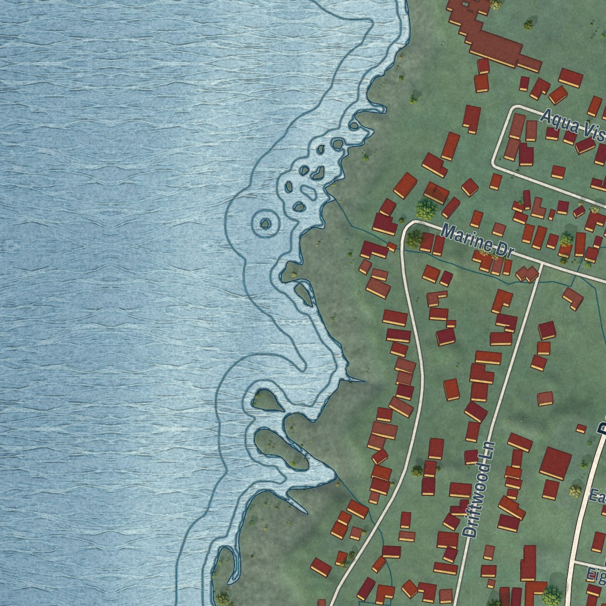 Second close-up of the map of Yachats, Oregon print showing more streets and buildings