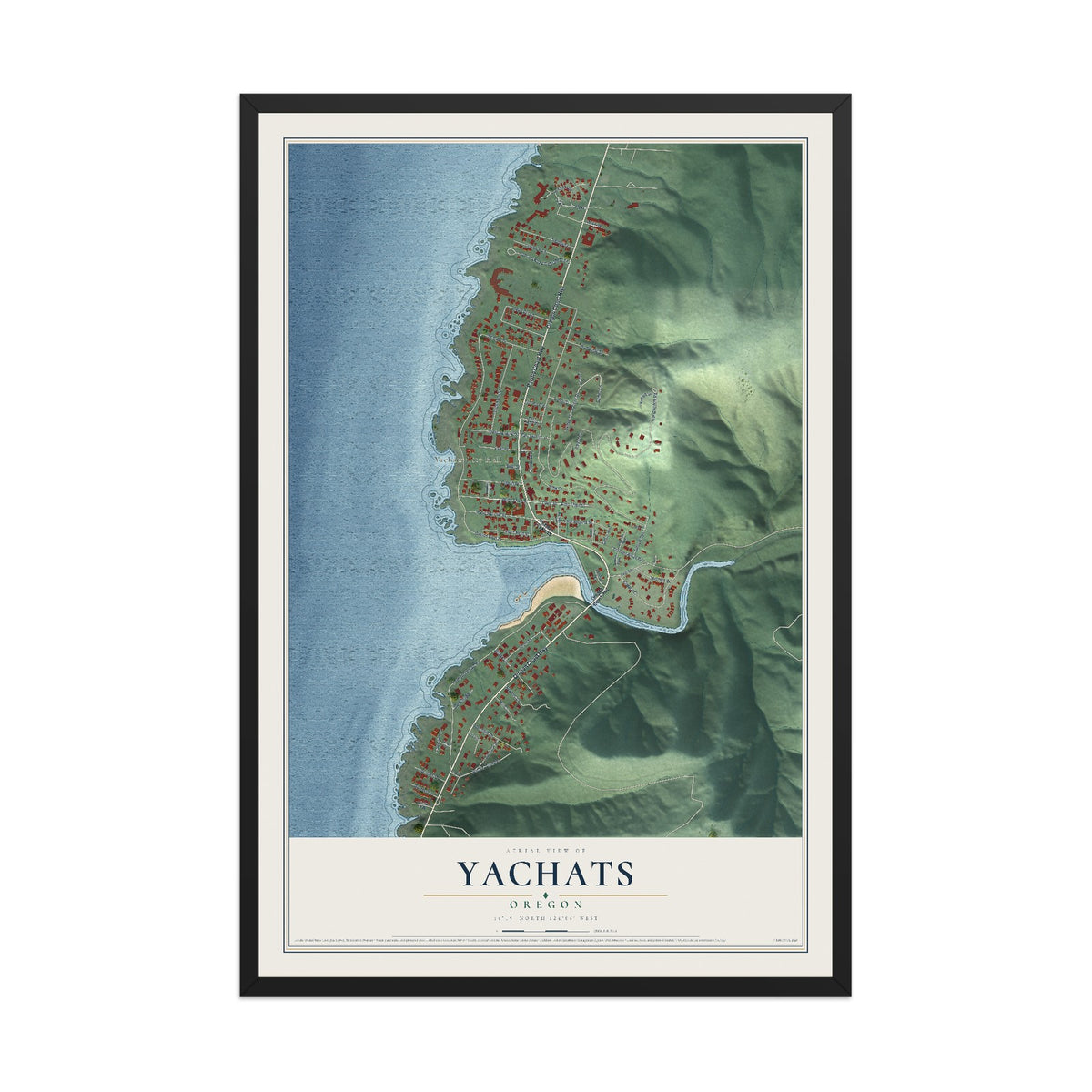 Map of Yachats, Oregon, 12 x 18 inch print in a black wood frame