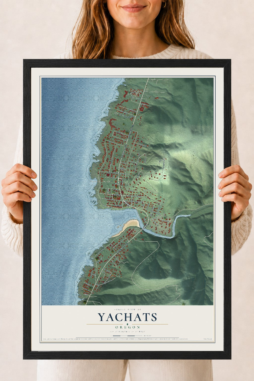 Map of Yachats, Oregon, 18 x 24 inch print in a black wood frame
