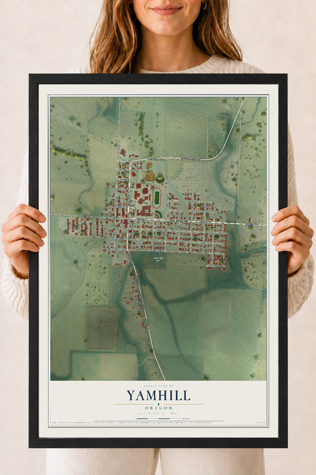 Map of Yamhill, Oregon, 18 x 24 inch print in a black wood frame