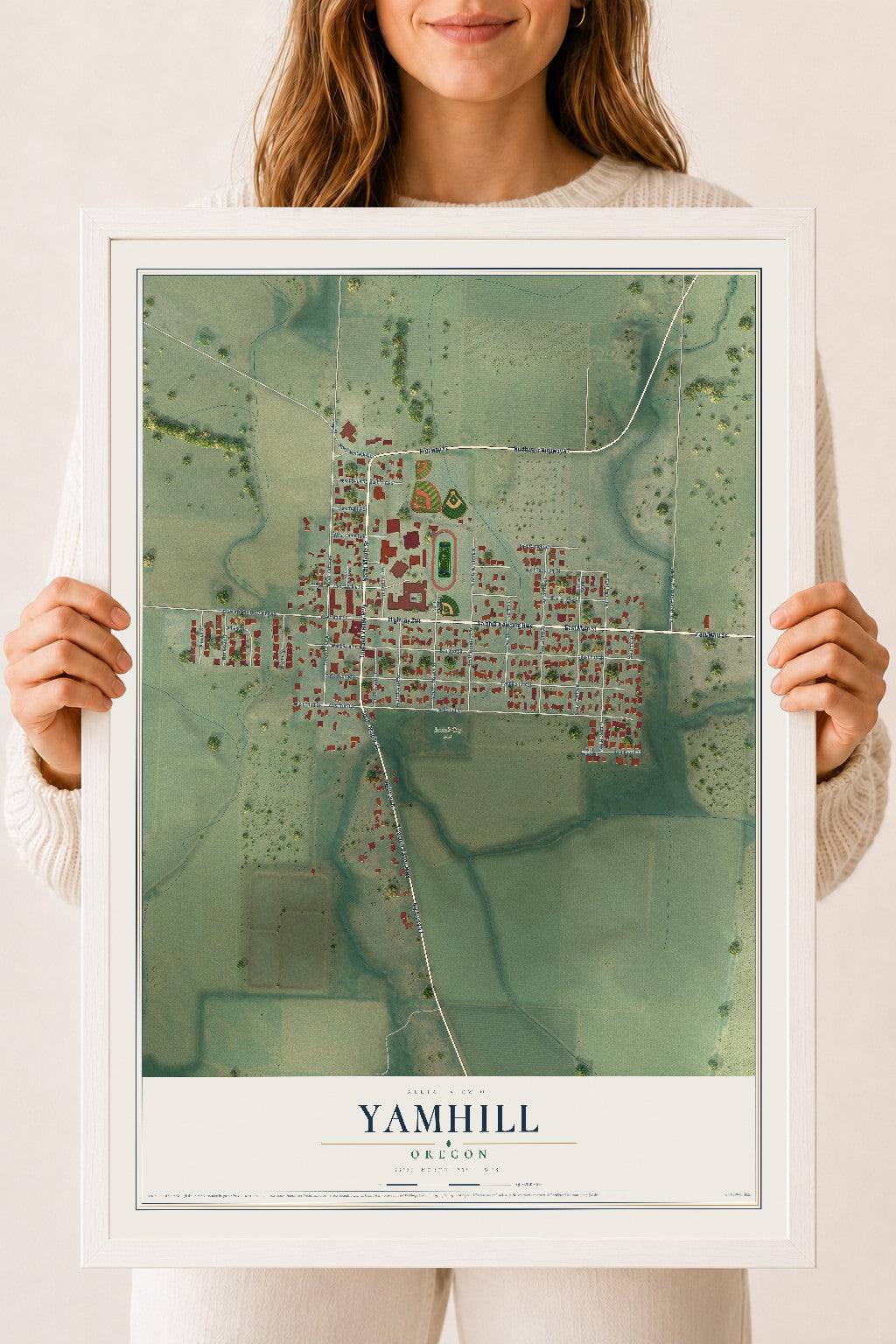 Map of Yamhill, Oregon, 18 x 24 inch print in a white wood frame