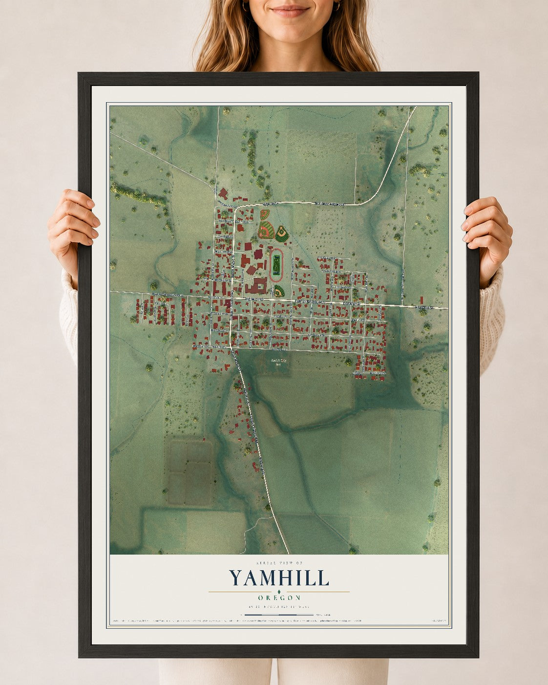 Map of Yamhill, Oregon, 24 x 36 inch print in a black wood frame
