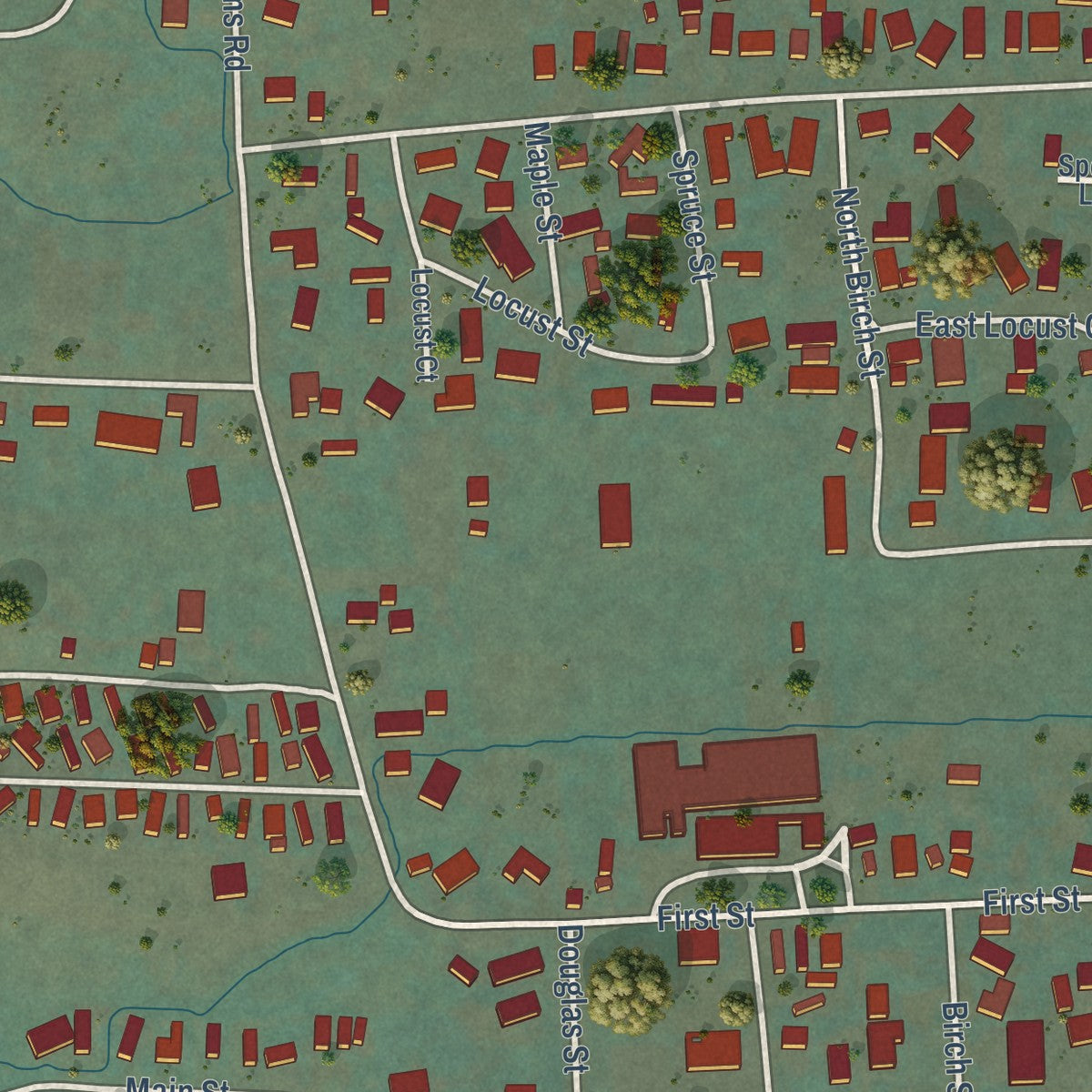 Second close-up of the map of Yoncalla, Oregon print showing more streets and buildings
