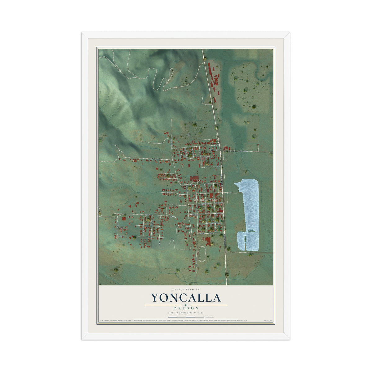 Map of Yoncalla, Oregon, 12 x 18 inch print in a white wood frame