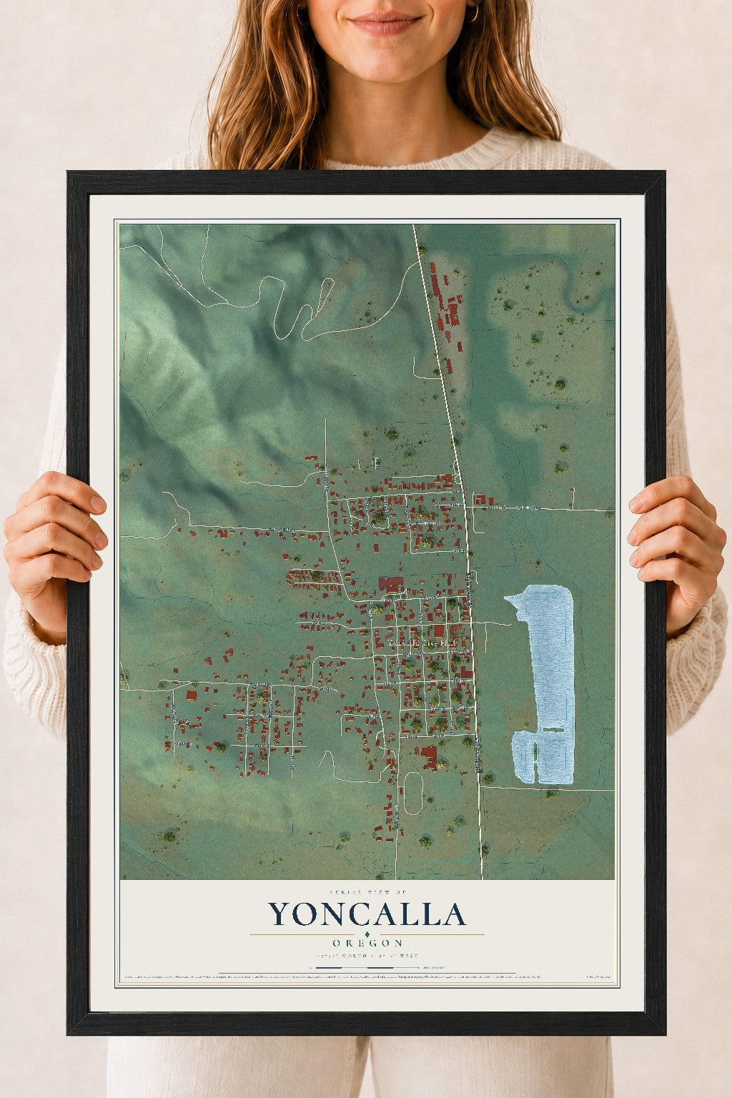 Map of Yoncalla, Oregon, 18 x 24 inch print in a black wood frame