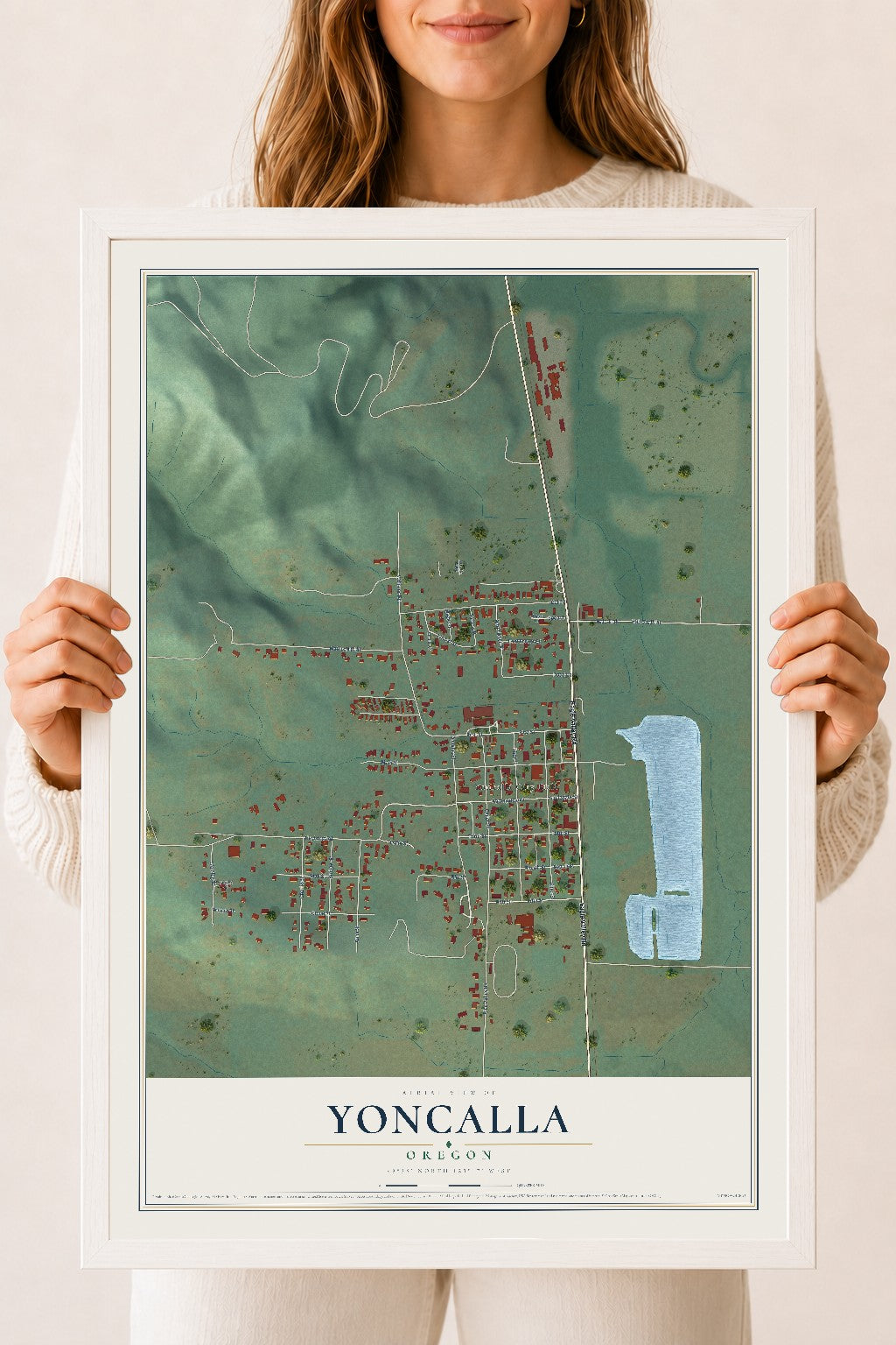 Map of Yoncalla, Oregon, 18 x 24 inch print in a white wood frame