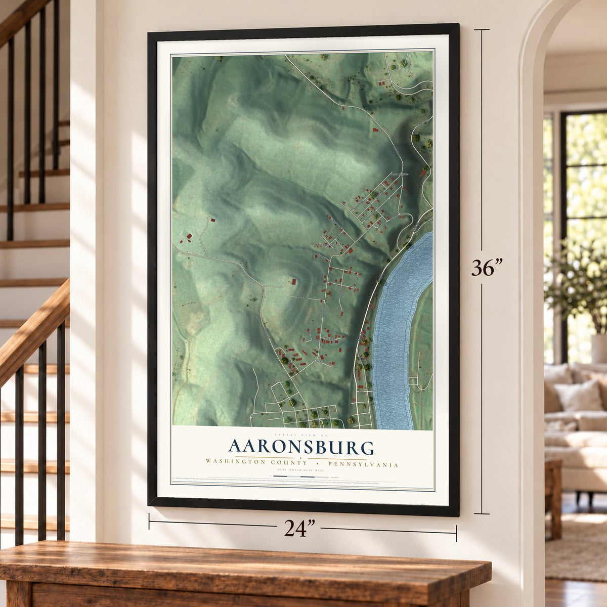 Aaronsburg, Washington County, Pennsylvania map, 24 x 36 inch print in a black frame by a staircase