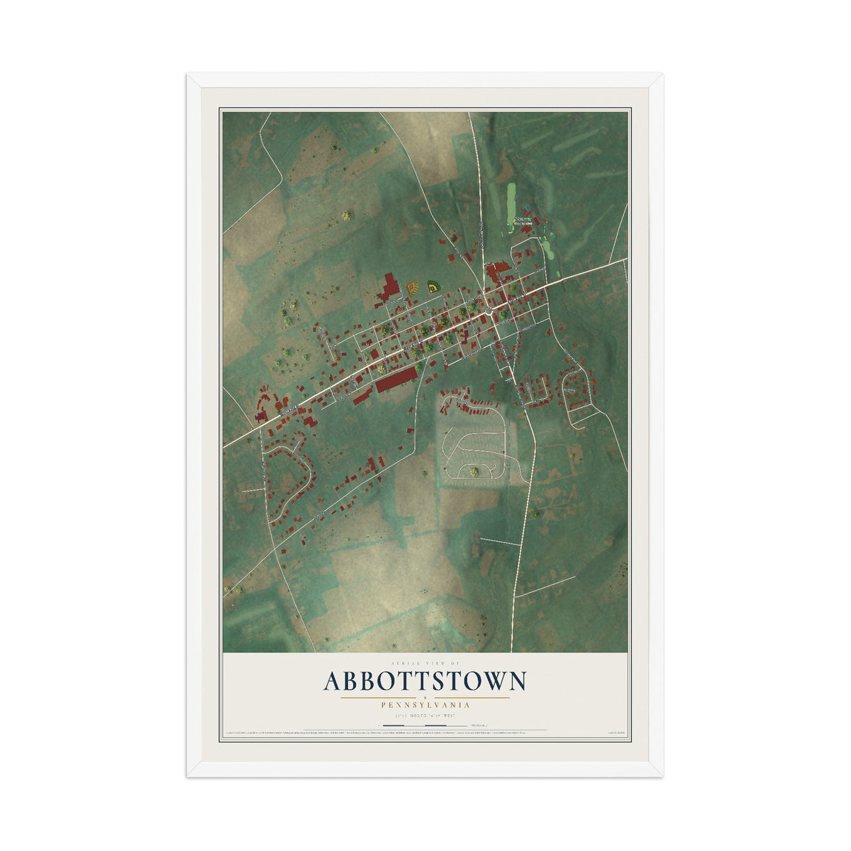 Map of Abbottstown, Pennsylvania, 12 x 18 inch print in a white wood frame
